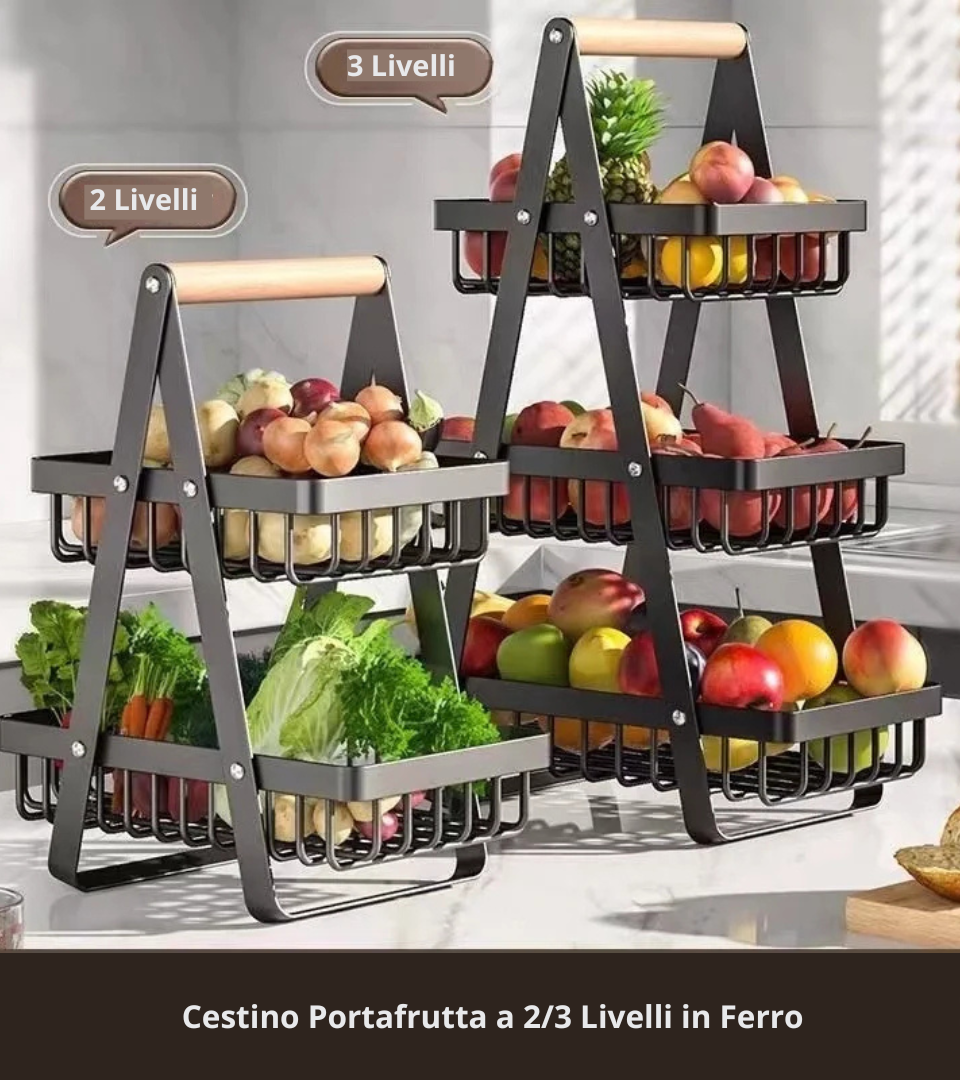 Cestino Portafrutta a 2/3 Livelli in Ferro – Portaoggetti da Cucina da Piano per Frutta, Pane e Snack