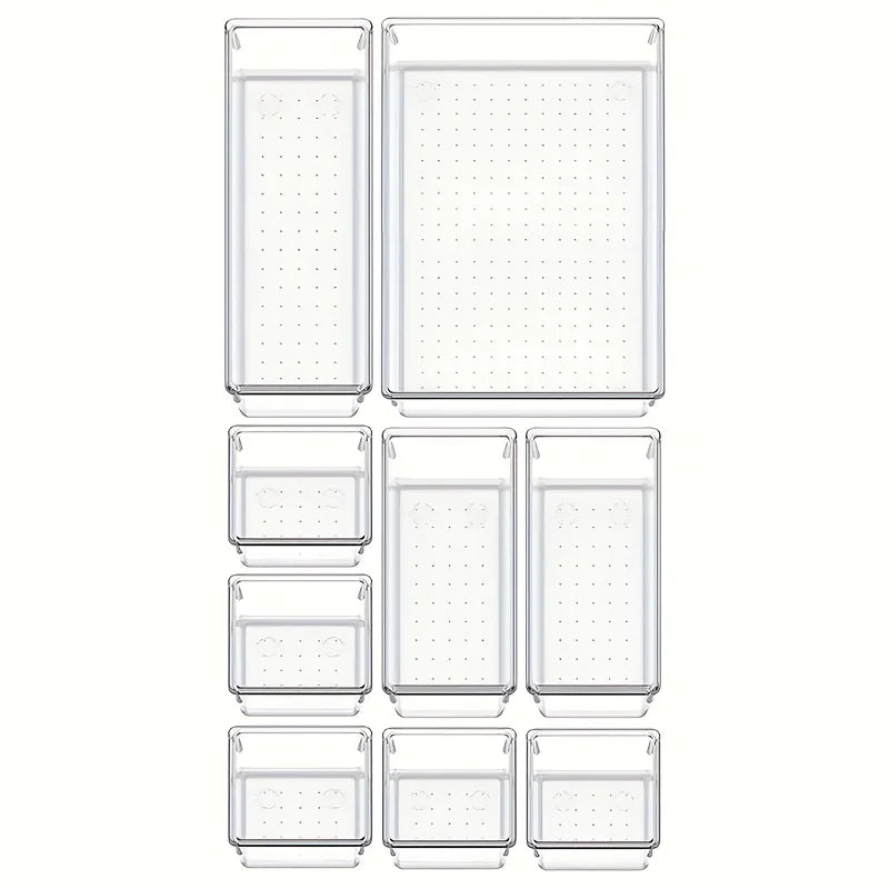 Set 10 Organizer per Cassetti – Vassoi Trasparenti e Divisori in Plastica per Trucco e Cucina