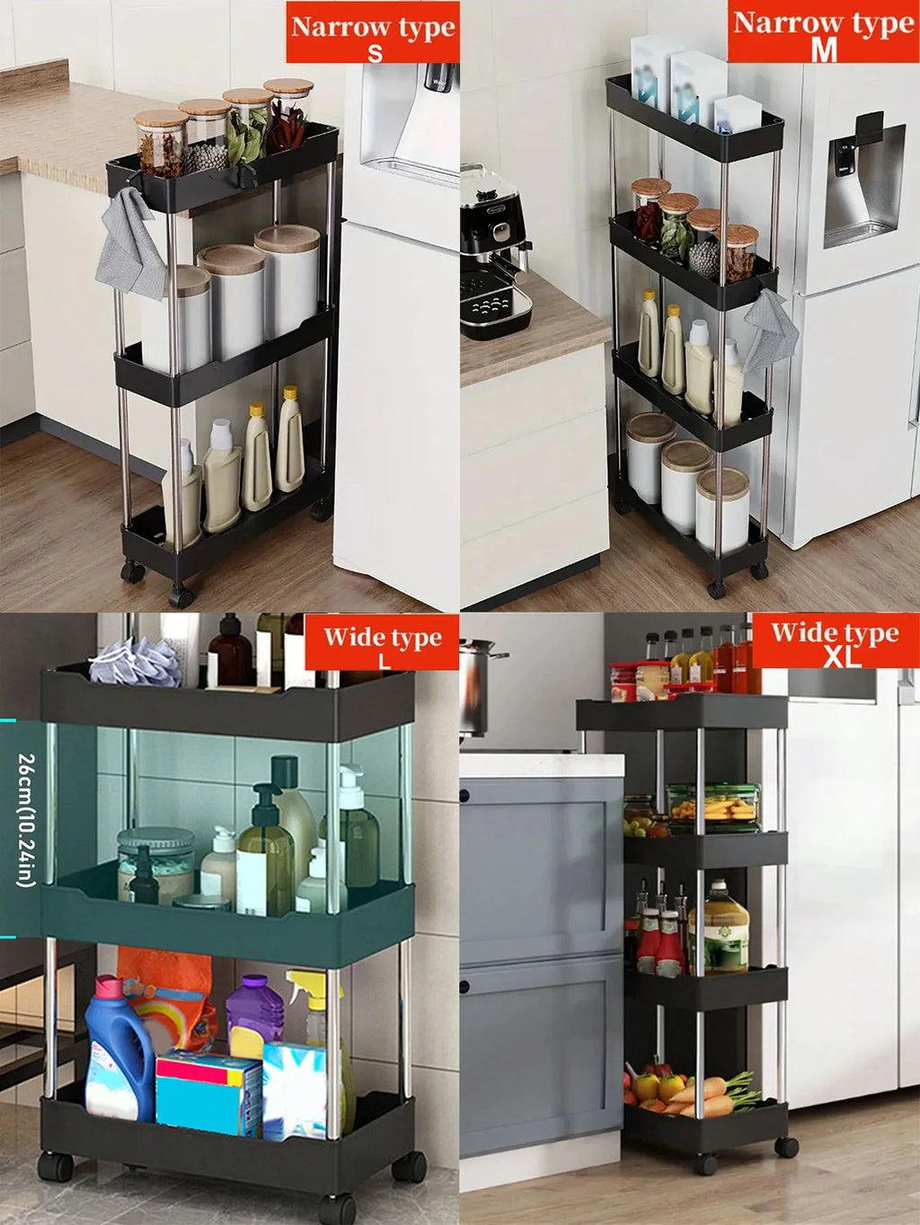 Carrello Mobile 3/4 Ripiani – Scaffale Organizzatore Scorrevole per Cucina, Bagno e Soggiorno