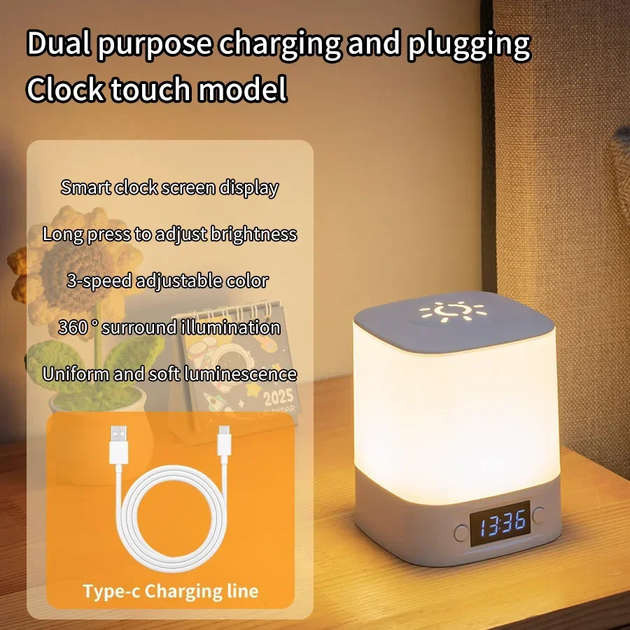 Lampada Notturna LED Ricaricabile con Display Orologio – Touch USB Regolabile per Camera, Neonati e Lettura