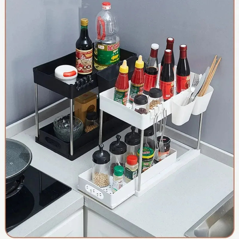 Organizer Sottolavello Estraibile con Cassetto Scorrevole e Ganci – Portaoggetti Salvaspazio per Cucina, Bagno e Armadi
