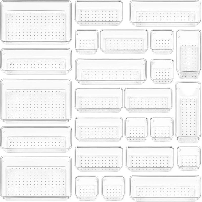Set 10 Organizer per Cassetti – Vassoi Trasparenti e Divisori in Plastica per Trucco e Cucina