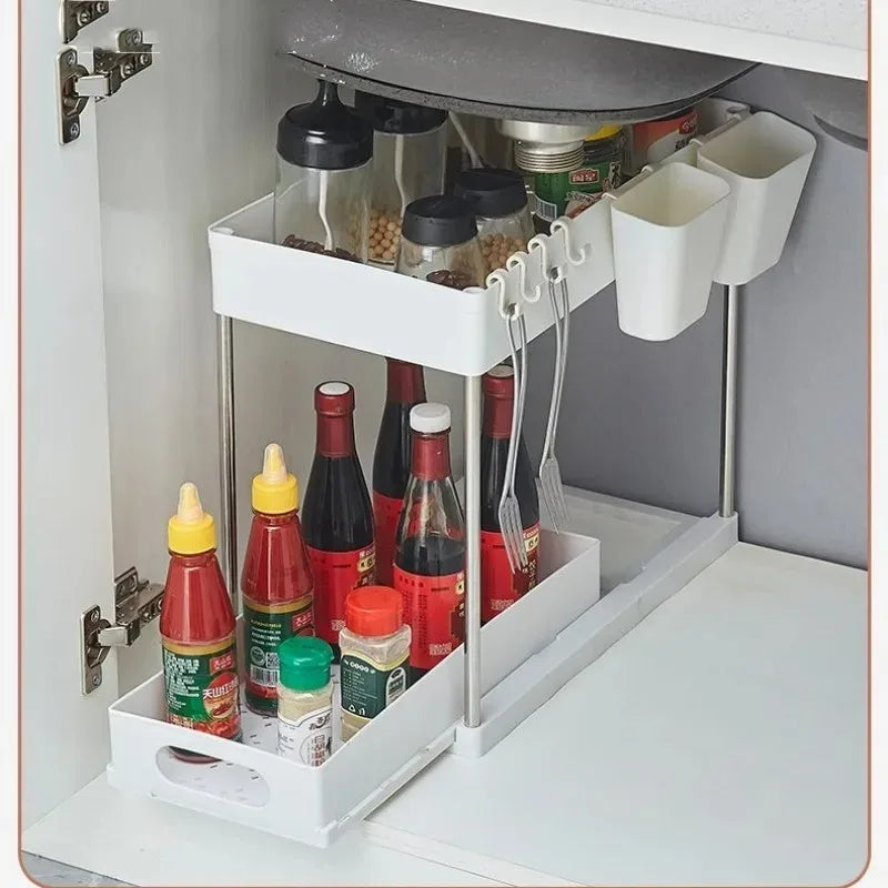 Organizer Sottolavello Estraibile con Cassetto Scorrevole e Ganci – Portaoggetti Salvaspazio per Cucina, Bagno e Armadi