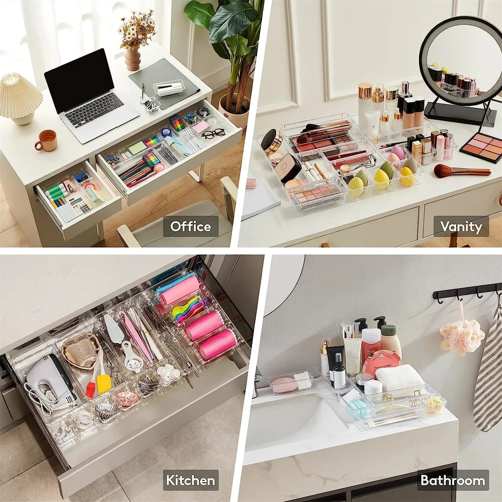 Set 10 Organizer per Cassetti – Vassoi Trasparenti e Divisori in Plastica per Trucco e Cucina