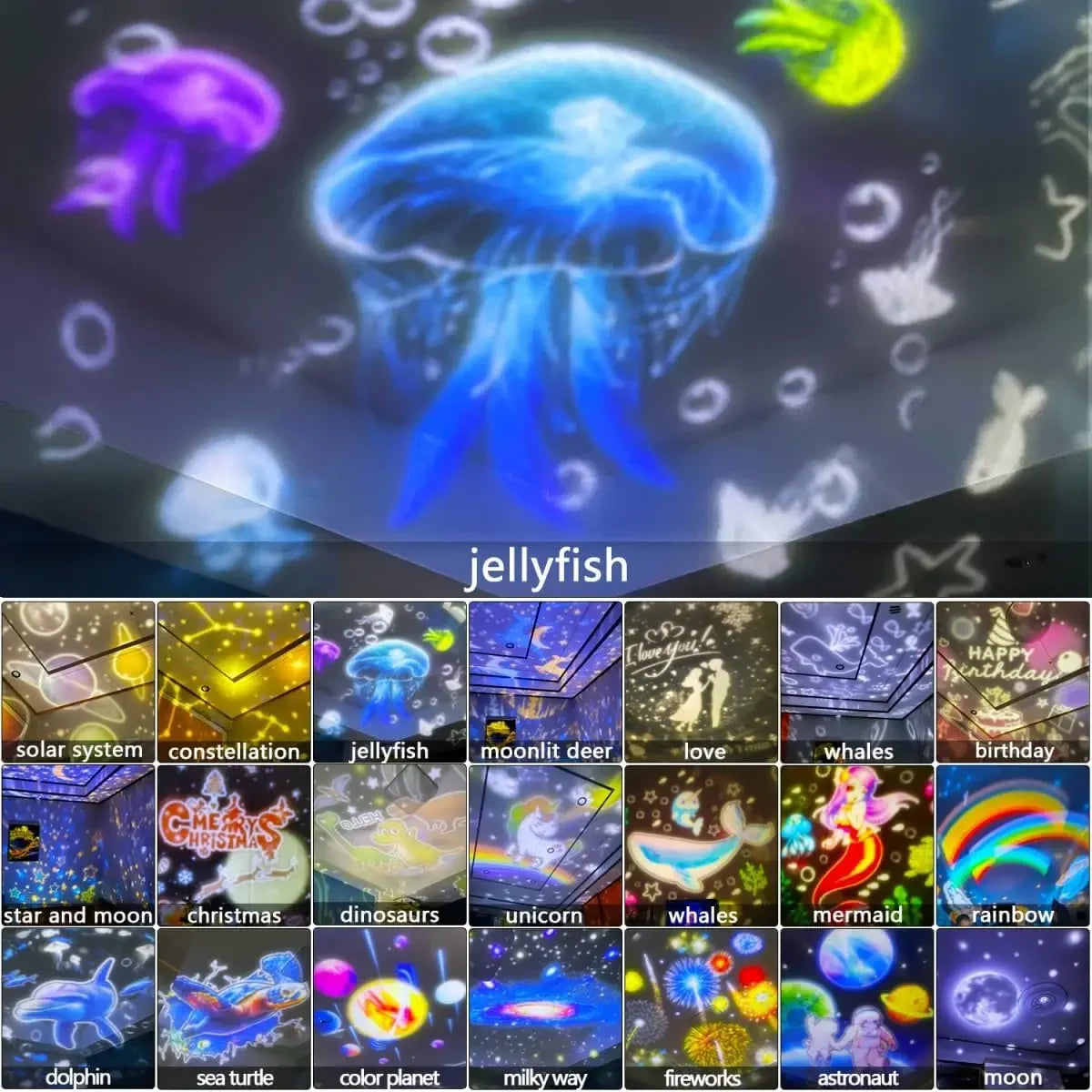 Proiettore Notturno Sistema Solare – Lampada Stellare 360° Rotante con 21 Film per Camera Bambini