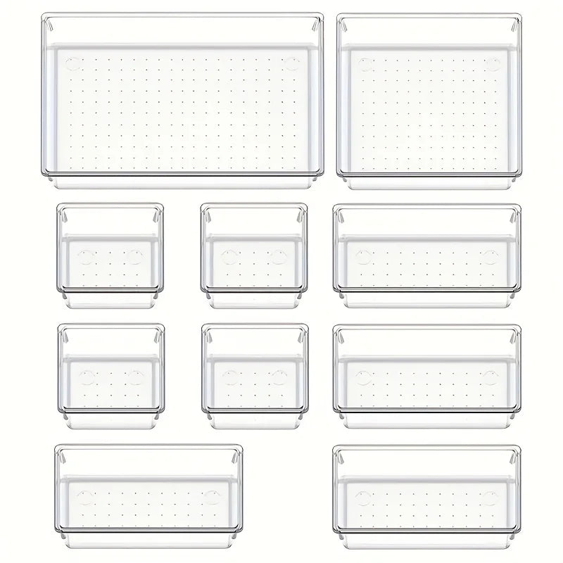 Set 10 Organizer per Cassetti – Vassoi Trasparenti e Divisori in Plastica per Trucco e Cucina